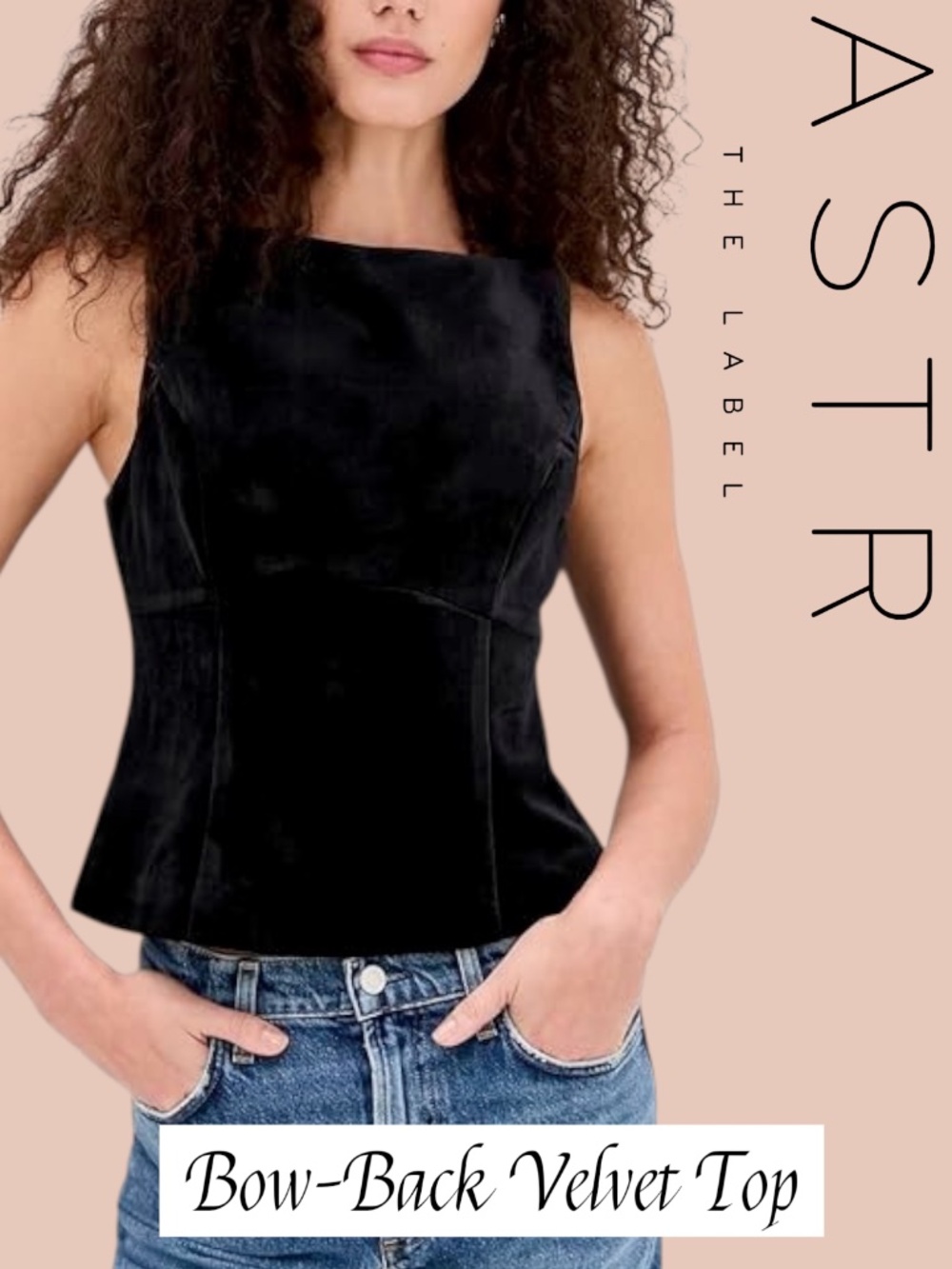 ASTR THE LABEL Jinnie Black Velvet Boat Neck Back-Bow-Detail Top NWT/Lg